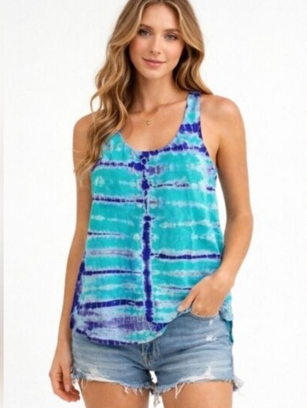 Gypsy 05 100% Silk Blue Green Tie Dye Racerback Tank Top